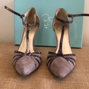 2/$40 Ankle strap, suede & faux snake skin pumps